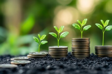 Growth of Plants in Soil with Stacked Coins as Financial Concept