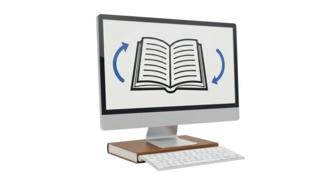 Isolated Computer Monitor Displaying Open Book with Arrow Animation