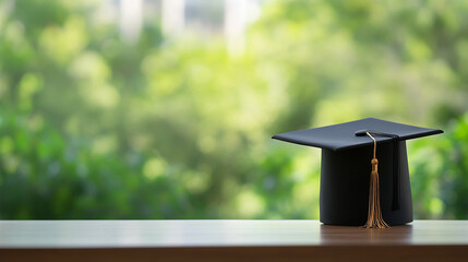 A graduation cap sitting on a ledge with a blurred green background of trees and foliage behind it