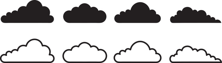 Set of Black Cloud Icon Designs, Cloud silhouette vector illustration, outline on white background