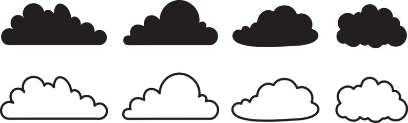 Set of Black Cloud Icon Designs, Cloud silhouette vector illustration, outline on white background