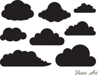 Set of Black Cloud Icon Designs, Cloud silhouette vector illustration, outline on white background