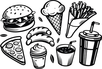 Fast Food Icons Burger, Pizza, Fries, Ice Cream, Soda