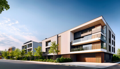 Modern residential buildings featuring sleek designs and balconies, set against a clear blue sky