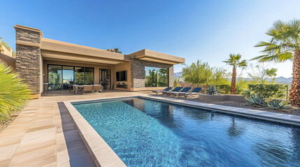 Modern home with pool and palm trees under clear sky