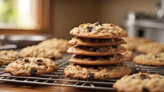 Freshly baked chocolate chip cookies cooling on a wire rack with a warm