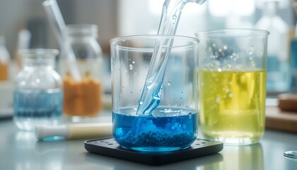 Laboratory Experiment: Blue Liquid Mixing in Beaker, Scientific Research