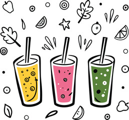 Fototapeta premium Refreshing Fruit Smoothies Yellow, Pink, Green, Healthy Drinks