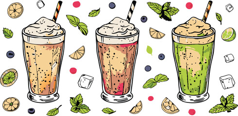 Refreshing Iced Summer Fruit Smoothies Mint, Berries, Citrus