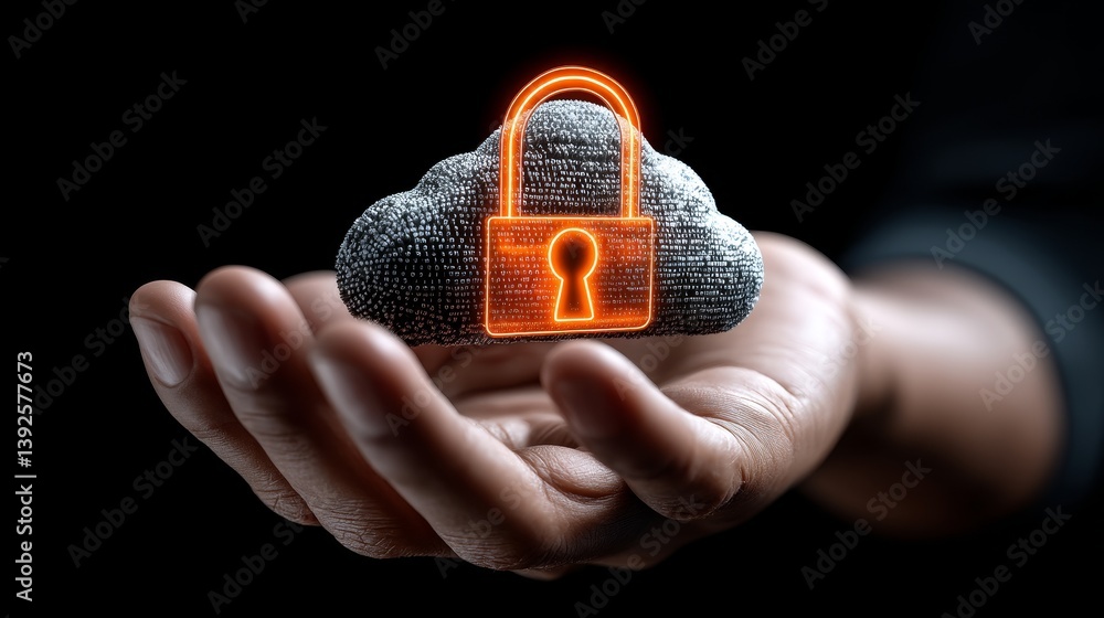 Poster the depiction of a person clutching a glowing holographic cloud with a padlock effectively conveys t