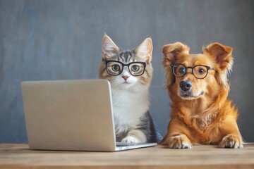 Fototapeta na wymiar Adorable Dog and Cat with Glasses Sitting by Laptop on Table