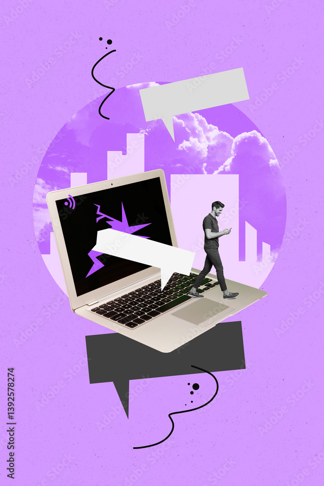 Poster 3d sketch poster art trend collage image of happy man walk laptop keypad type message communication 