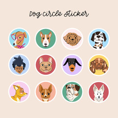 Cute dog face circle sticker. A collection of simple animal pet head stickers, doodle, icon
