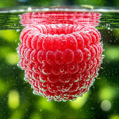 Fresh Raspberry Floating Underwater with Bubbles