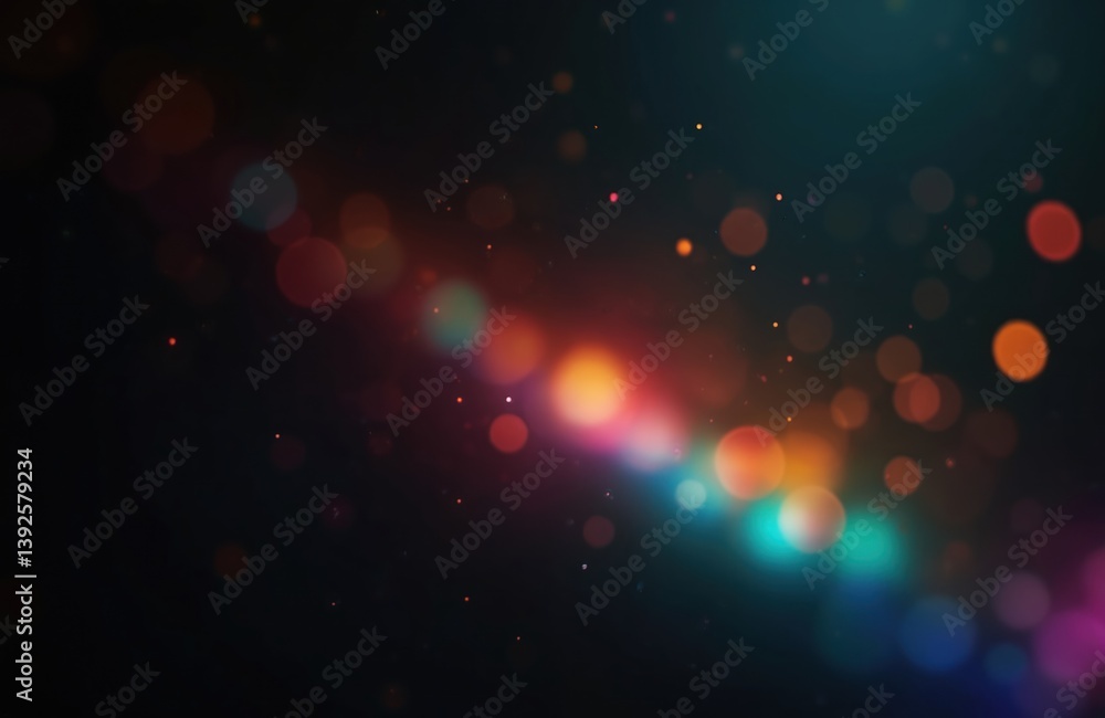 Aufkleber Abstract colorful bokeh light effect on black background. Glowing blurry circles, magical prism flare, lens, bright sparkle lights. Perfect for overlay. Use in web design, decor, festive projects.