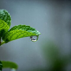 Water Droplet Hanging from Tip of Fresh Mint Leaf