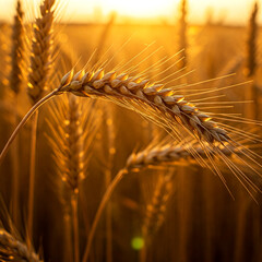 Golden Wheat Spike at Sunset in Field
