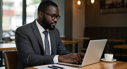 Businessman Working on Laptop in Coffee Shop AI Generated