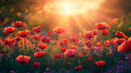 Fototapeta premium A vibrant sunrise illuminating a meadow of blooming flowers, including poppies, with a beautiful mix of red, orange, and green hues
