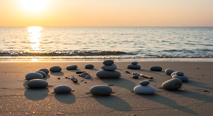 Obraz premium Sunrise Serenity: Stacked Stones on a Tranquil Beach AI Generated