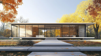 Obraz premium Sleek modern house faÃ§ade with flat roof and clean lines in autumn setting