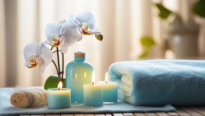 Relaxing spa scene with orchids, candles, and towels