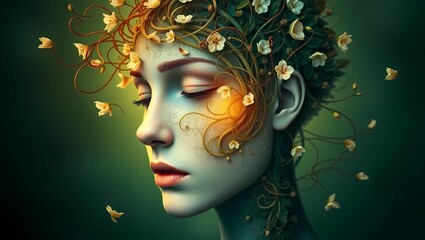 Profile of a woman with flowers and vines in her hair against green background