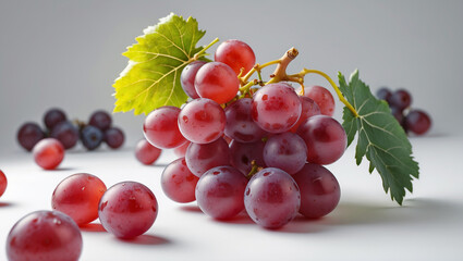 Fototapeta premium Fresh Red Grapes Close Up With Green Leaf On Clean White Background