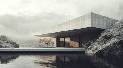 Fototapeta premium Sleek Scandinavian luxury home with geometric lines by tranquil lake