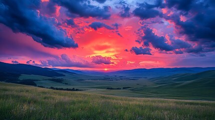 Obraz premium Colorful sunset over a grassy valley