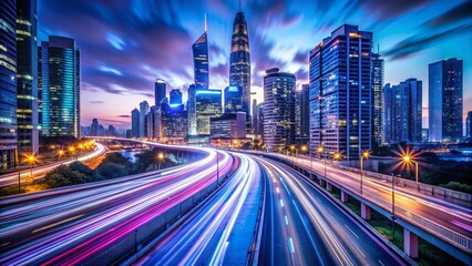 Fototapeta premium Enchanting Long Exposure of a Glowing Urban Skyline at Night A Blurred Symphony of City Lights