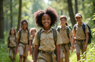 Portrait black girl scouts smiling at camera during nature hike in forest. Children hiking together with backpacks, enjoying outdoor adventure in wood. Group of scouts walking forest trail, exploring