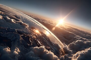 Breathtaking View of Earth from Space with Clouds and Sunrise Light