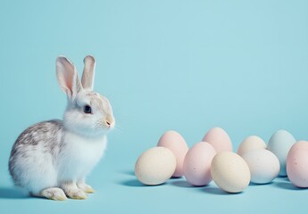 Fototapeta premium Colorful Easter Background with Eggs, Bunnies on Pastel Blue, Text Space
