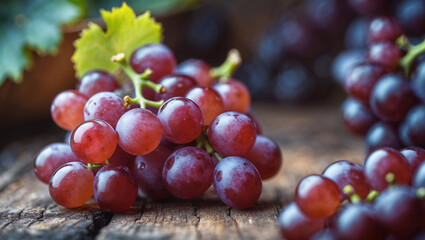 Fresh Red Grapes On Rustic Wooden Surface Healthy Eating Concept Macro Shot