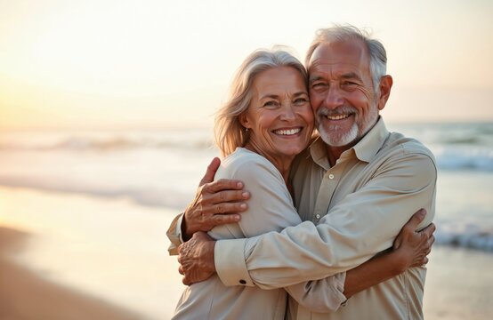 Senior couple enjoys romantic hug, smiles on sandy beach. Happy elderly man embraces woman at seaside. Mature pair, love, vacation, travel, holiday. Happy retirement, life partner concept.