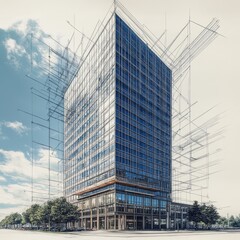 Fototapeta premium A contemporary glass and steel office building is shown with a superimposed architectural sketch, blending the finished structure with its design concept against a partly cloudy sky.