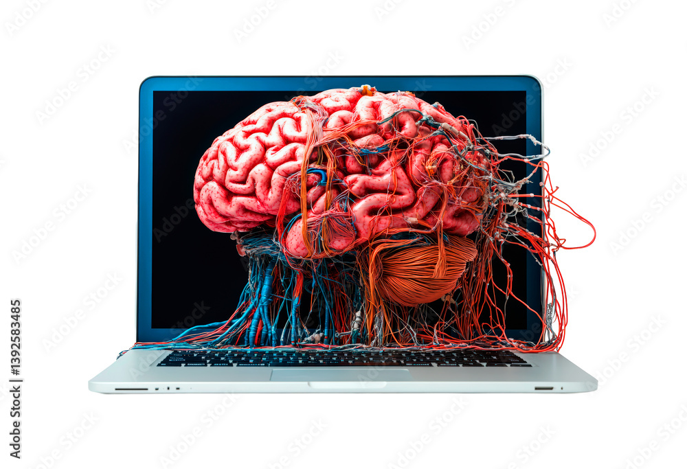 Poster brain connections extend from laptop to neural network isolated on transparent background