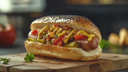 Delicious Chicago-style hot dog with tomatoes, pickles, mustard, and poppy seed bun