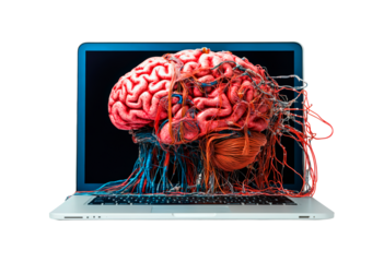 brain connections extend from laptop to neural network isolated on transparent background
