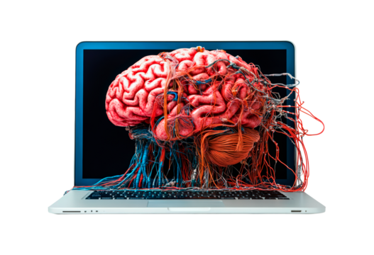 brain connections extend from laptop to neural network isolated on transparent background