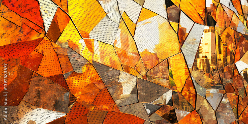 Aufkleber Abstract image of orange and brown geometric shapes, creating a mosaic effect with a city reflection, showcasing urban texture and modern art
