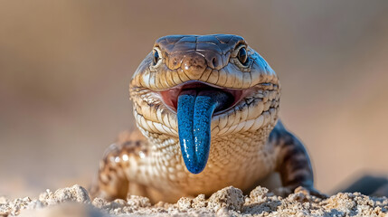 Close-up of a blue-tongued lizard with its bright blue tongue sticking out. The reptile is set against a blurred, neutral background, emphasizing its striking colors and unique features.
