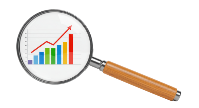 Isolated Magnifying Glass Over a Bar Graph with Upward Trend