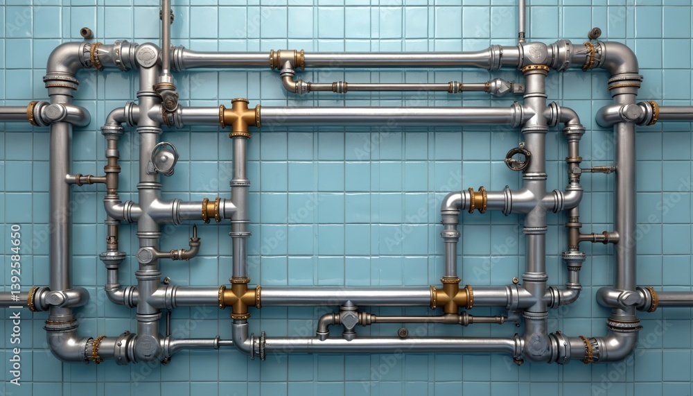 Poster complex network metallic pipes interconnects on tiled wall, creating symmetrical infrastructure. plu