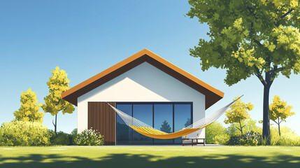 Small home with hammock gently swaying in landscaped yard