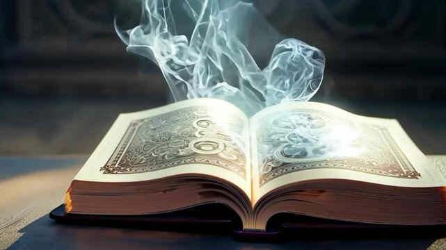 Open book emitting smoke, evoking mystery and adventure in storytelling concept