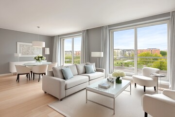 Fototapeta premium A spacious open-plan living room in a luxury apartment with large windows and city views