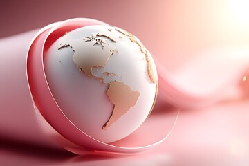 Earth globe on pink ribbon background in soft pastel colors
