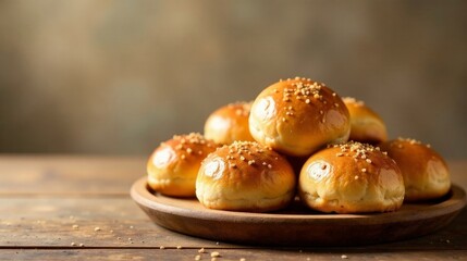 Golden-brown baked goods arranged in a pyramid on a rustic wooden surface, displaying a delectable texture and inviting aroma